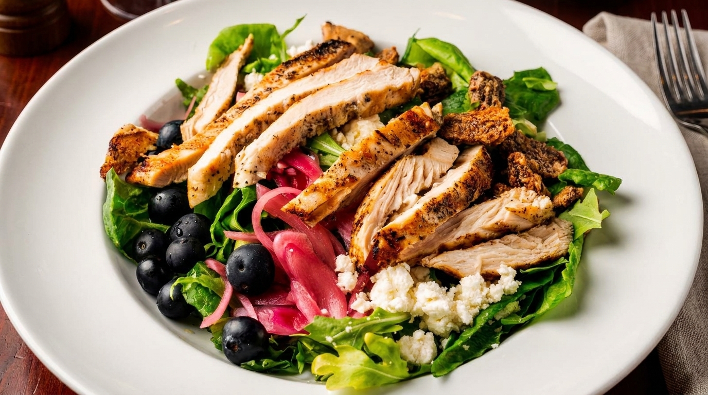 Grilled chicken salad with blueberries, pickled onions, feta cheese, and croutons on a white plate.