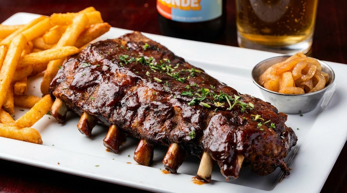 A rack of BBQ ribs with fries, pickled onions, and a glass of beer on a white plate.