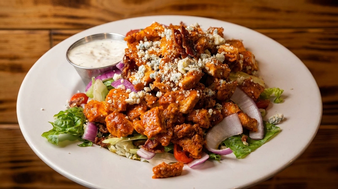Buffalo chicken salad with blue cheese crumbles, bacon, red onion, and a side of ranch dressing.