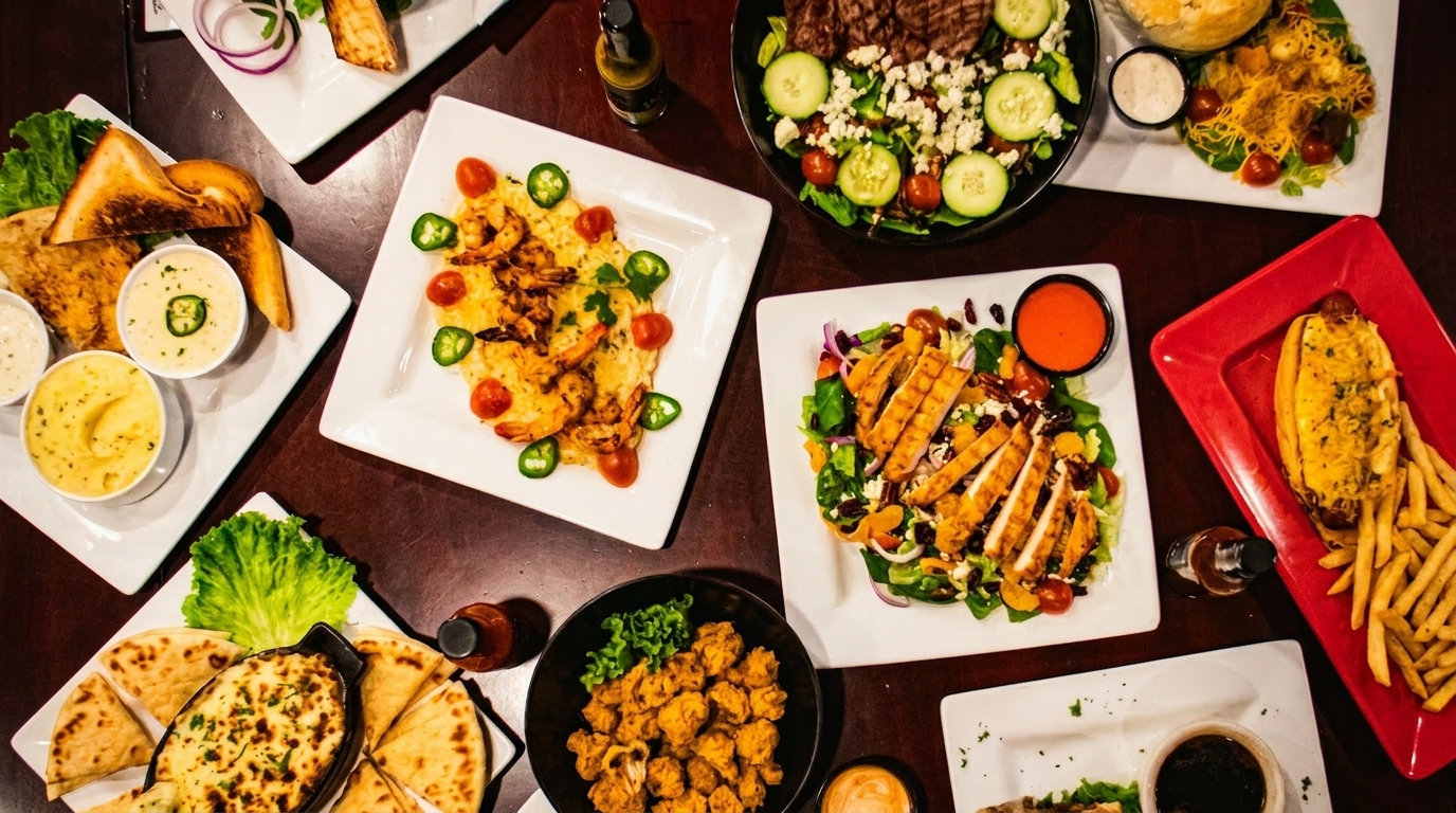 Overhead view of a dark wooden table laden with various plates of food, including salads, shrimp, and fries.