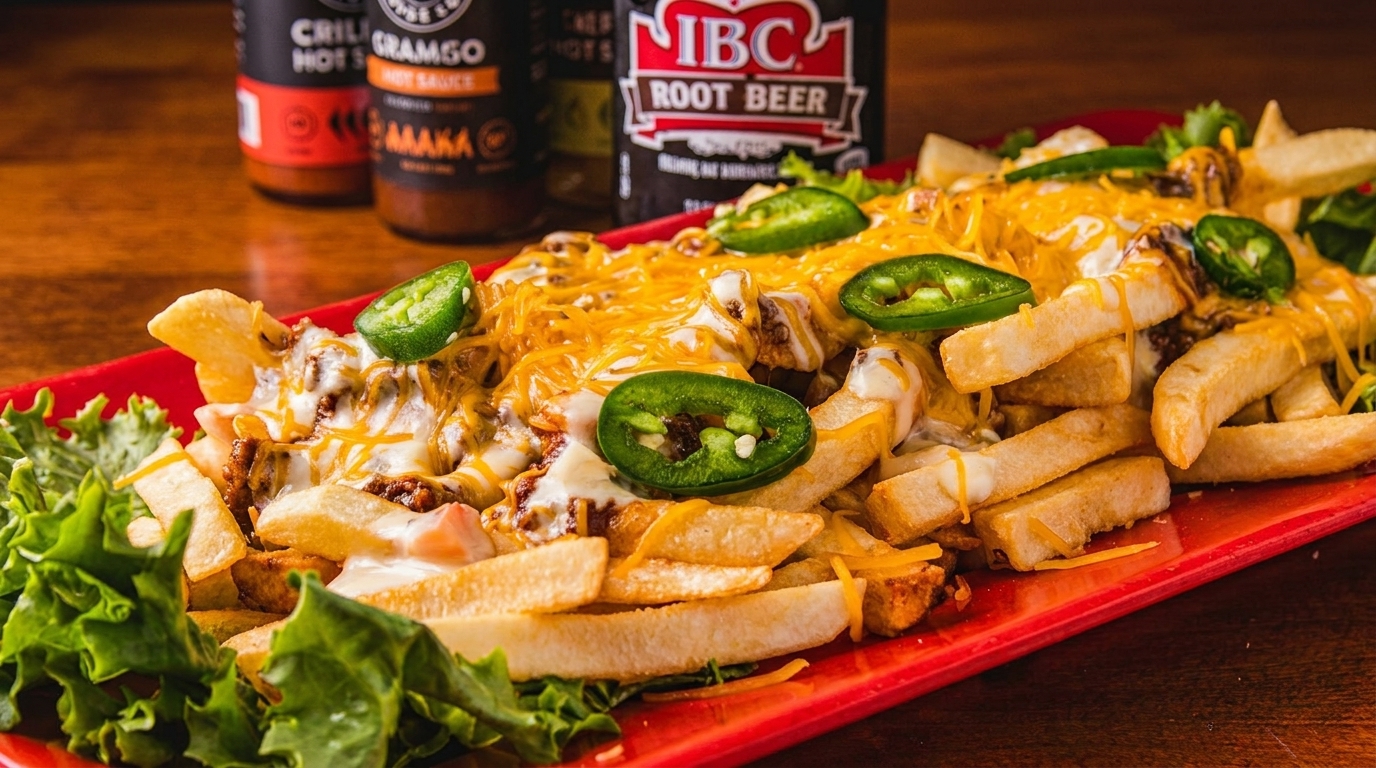 Loaded chili cheese fries with jalapeños and lettuce, with IBC Root Beer in the background.