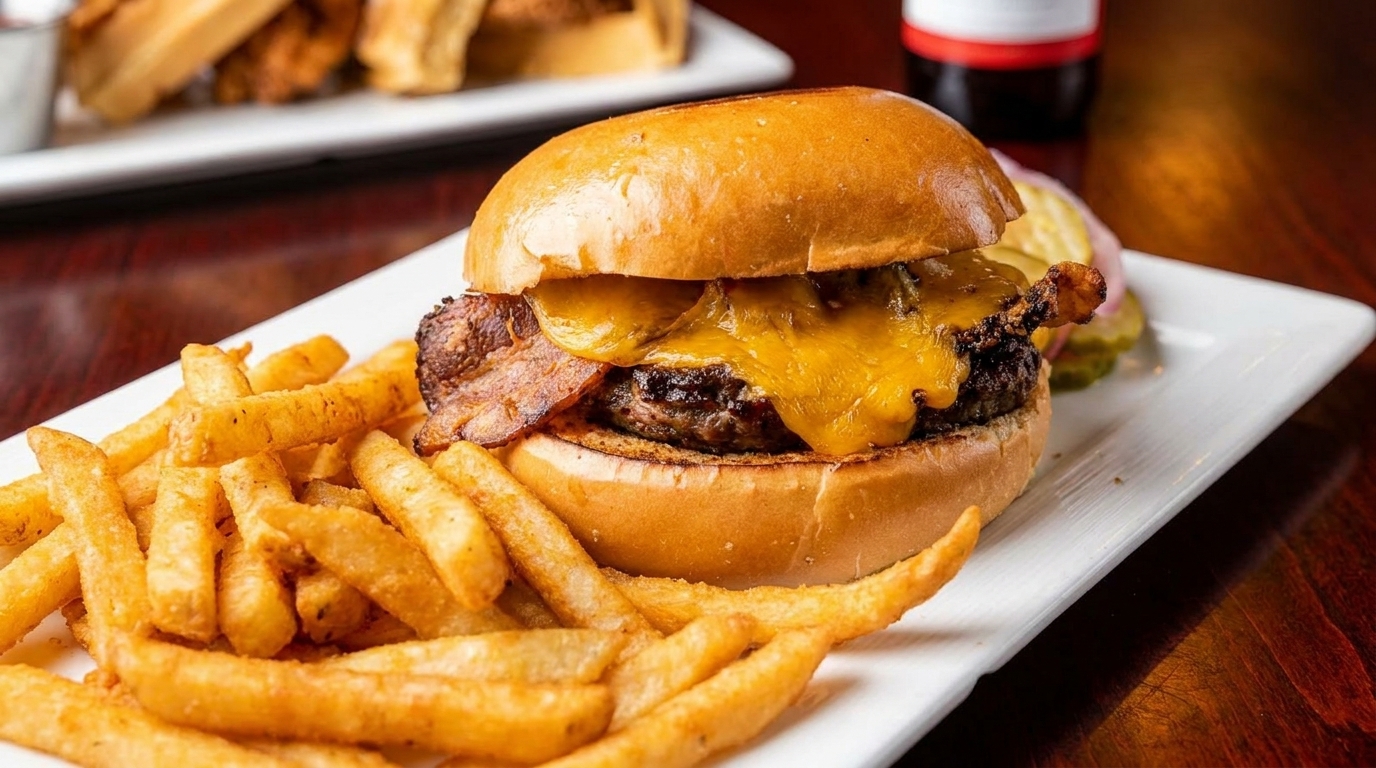 Cheeseburger with bacon and melted cheddar cheese, served with golden french fries and pickles.