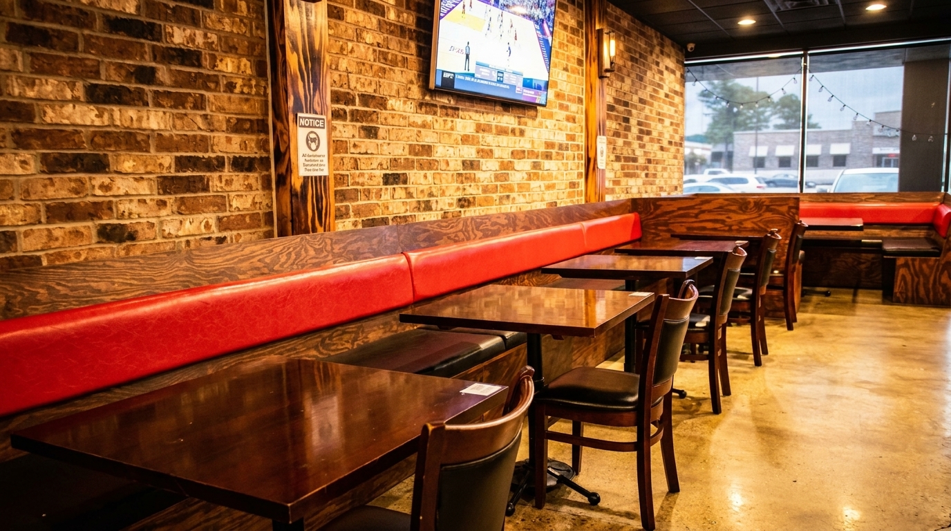 Restaurant interior with red booth seating, wooden tables, brick wall, and a TV showing sports.