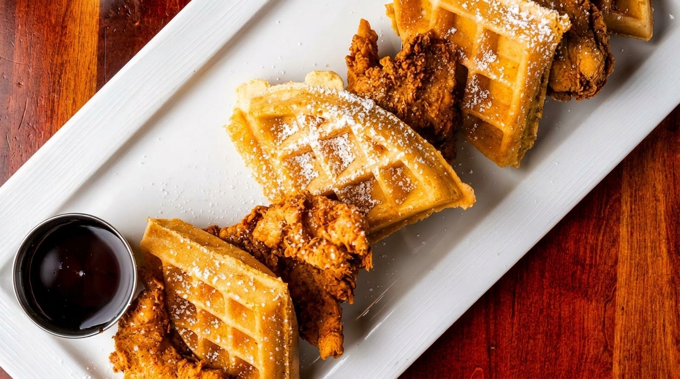 Chicken and waffles with powdered sugar and a side of syrup on a white rectangular plate.