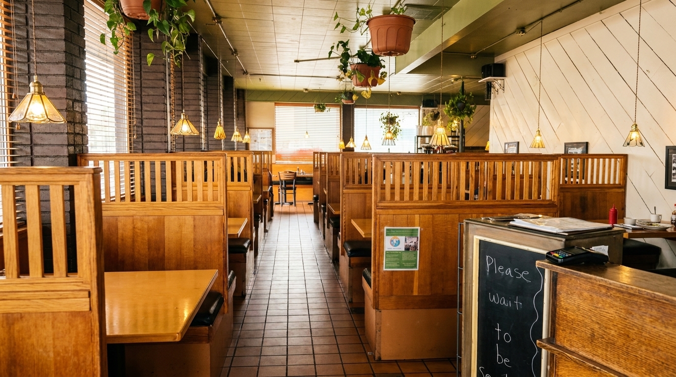 Cozy diner interior with wooden booths, hanging plants, and warm lighting, featuring a "Please wait to be seated" sign.