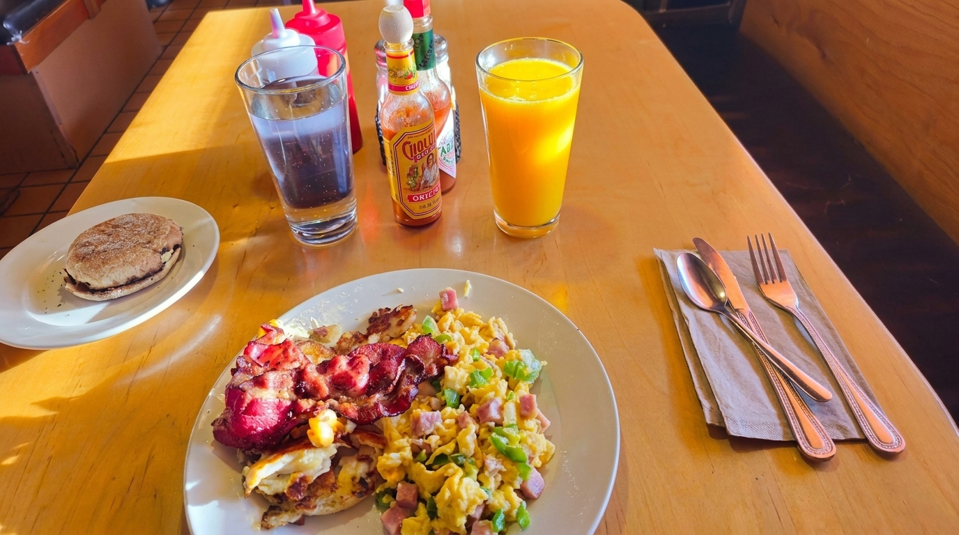 A breakfast plate with scrambled eggs, bacon, and potatoes, alongside an English muffin, water, and orange juice.