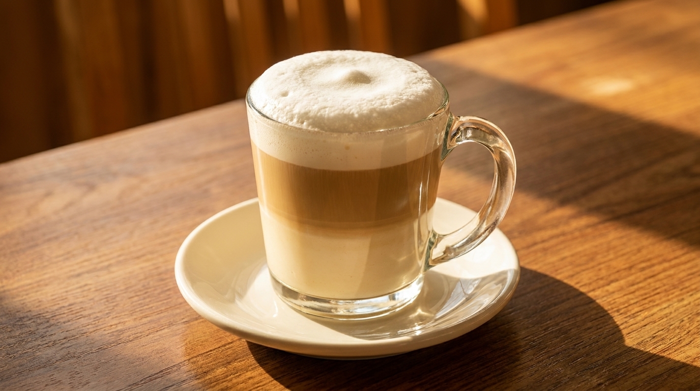 A clear glass mug of layered latte with frothy foam sits on a white saucer on a wooden table.