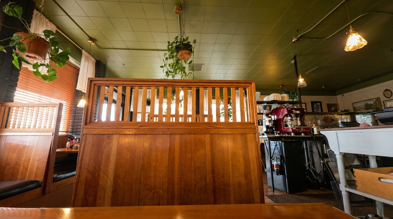 Cozy restaurant interior with wooden booths, hanging plants, and a coffee machine on a counter.