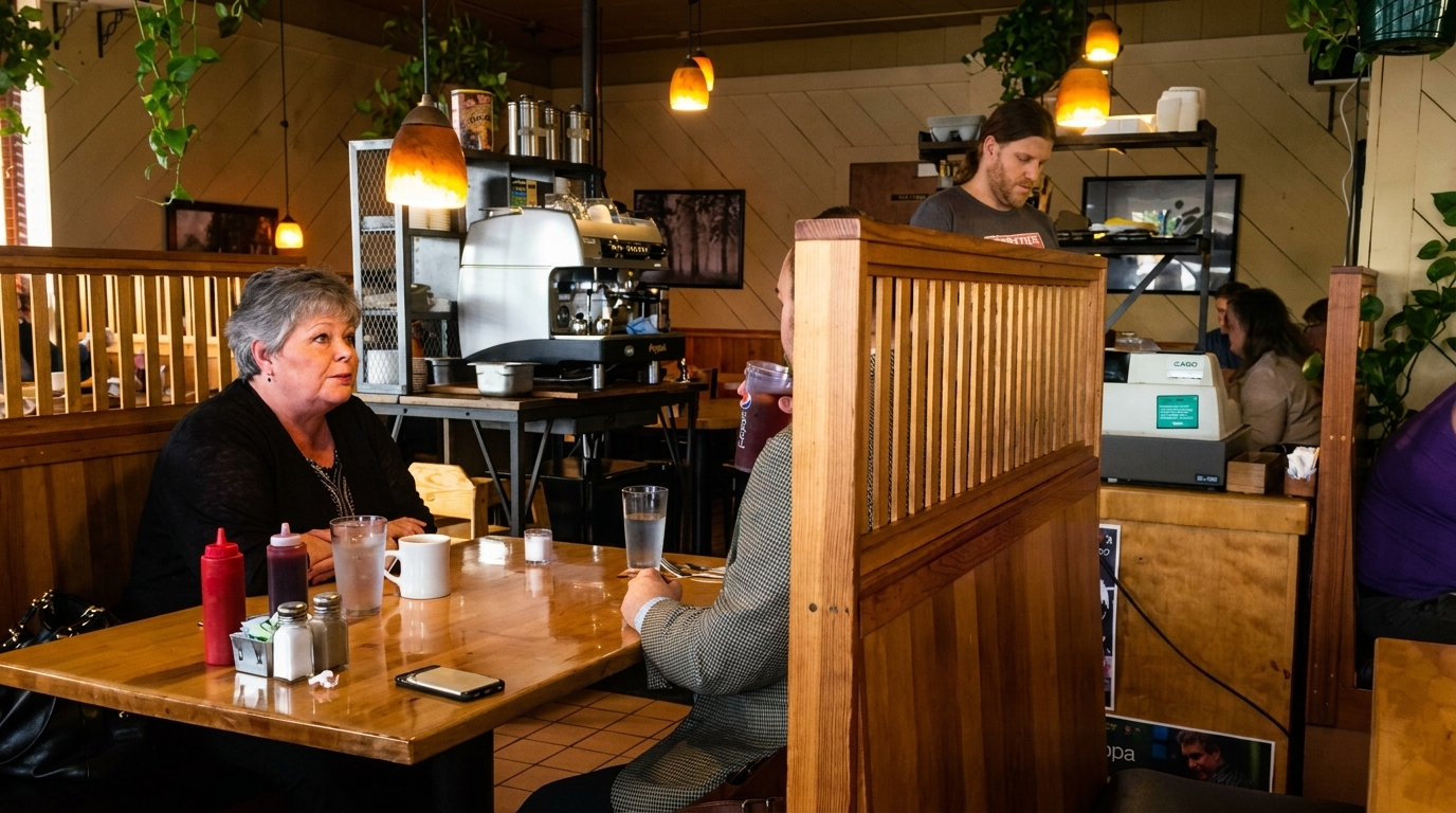 Diners seated at wooden tables in a cozy restaurant with a barista working in the background.