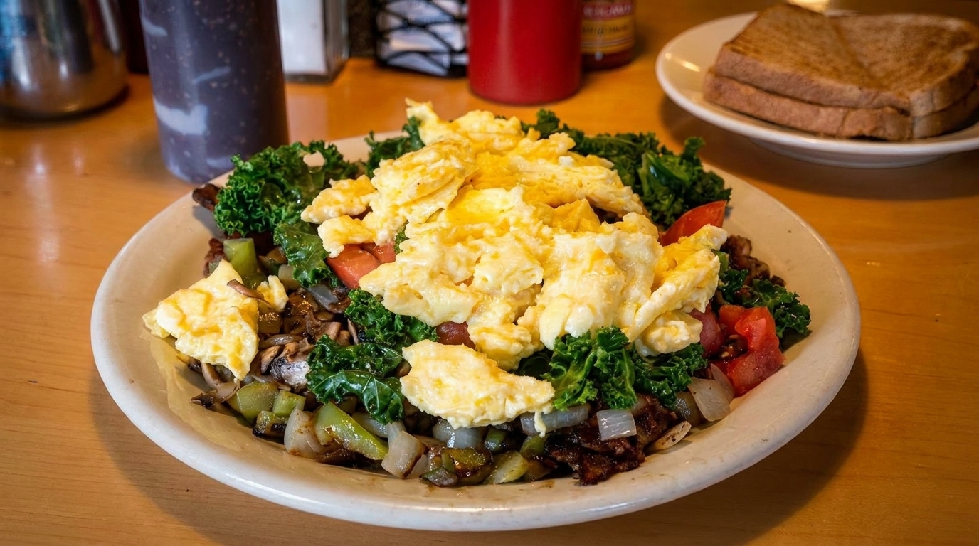 A breakfast plate with scrambled eggs, kale, tomatoes, and hash, with toast in the background.