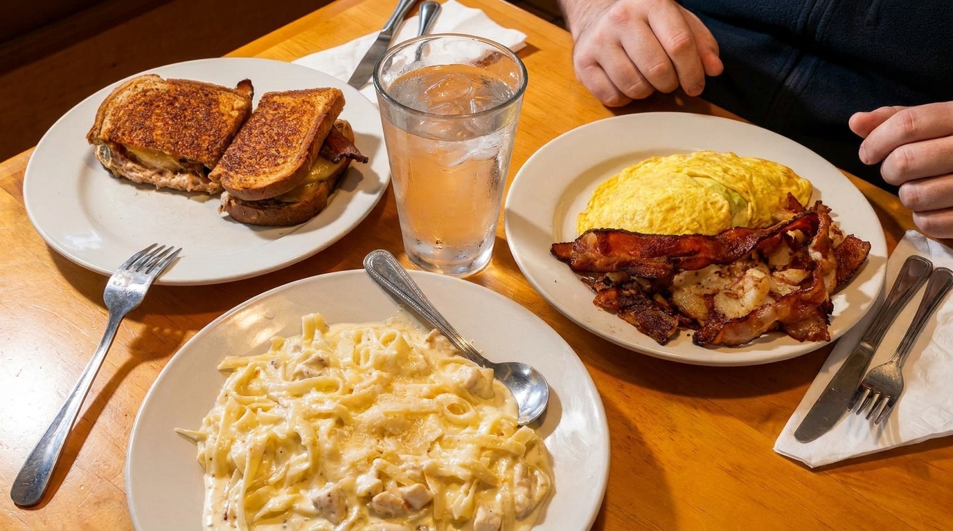 Three plates of food on a wooden table: a grilled sandwich, an omelet with bacon, and pasta.