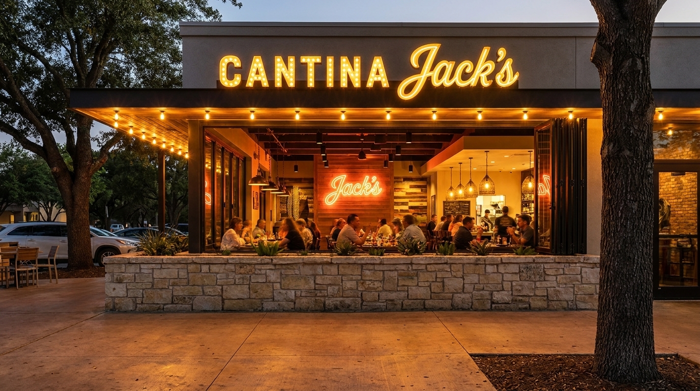 Cantina Jack's restaurant exterior at dusk, with patrons dining inside and a glowing neon sign.