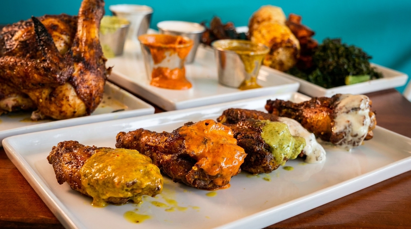 Plates of roasted chicken, chicken wings with various sauces, and sides like kale and corn.
