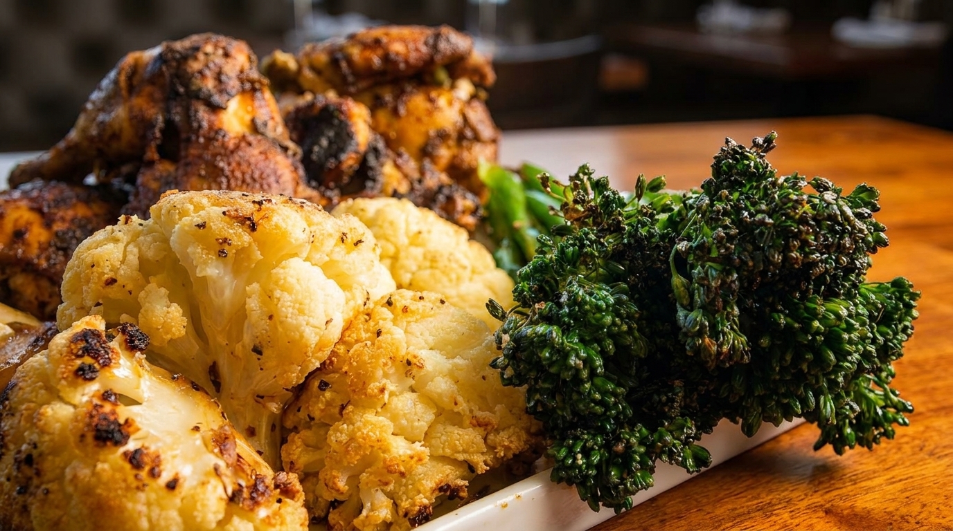 Roasted chicken, cauliflower, and broccolini served on a white platter on a wooden table.