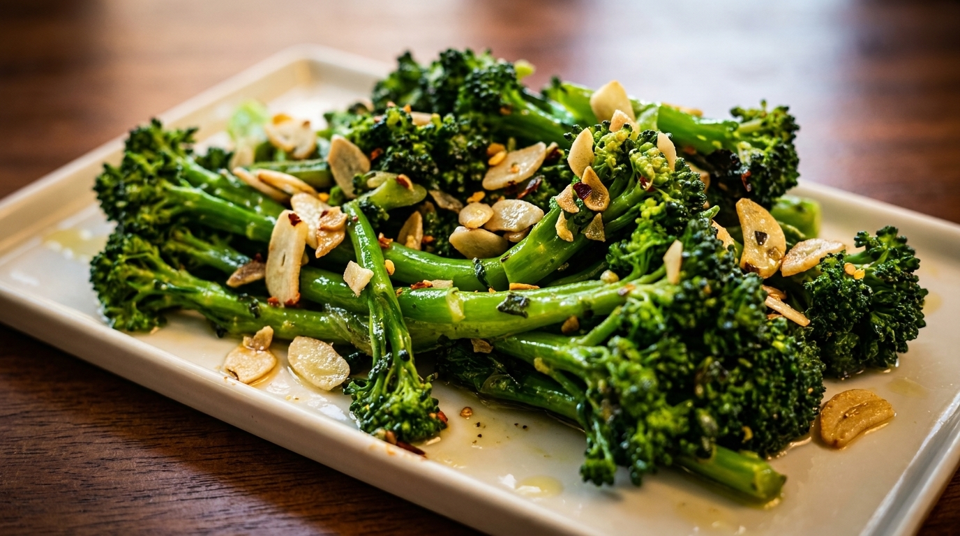 Broccolini with garlic slices and red pepper flakes on a white rectangular plate.