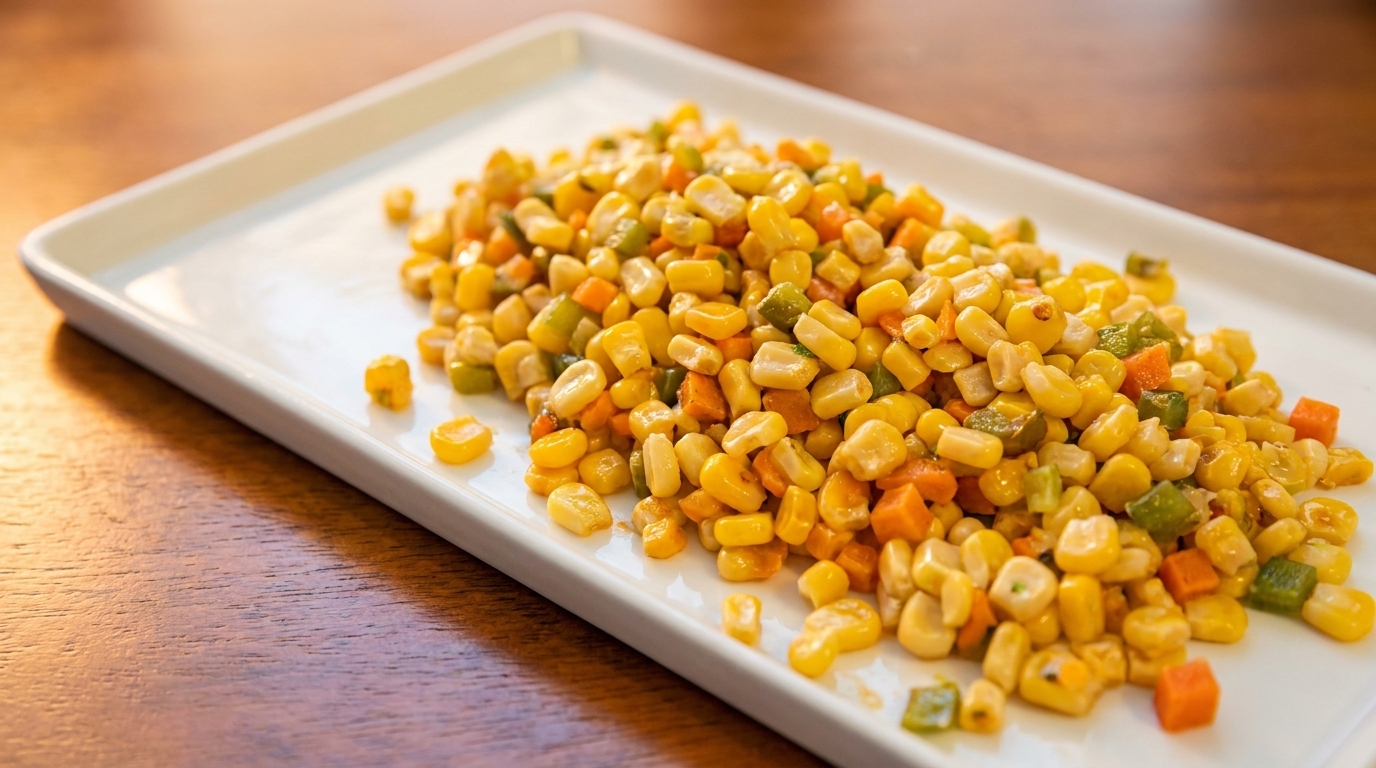 Close-up of a white rectangular plate filled with a colorful mix of corn, diced carrots, and green peppers.