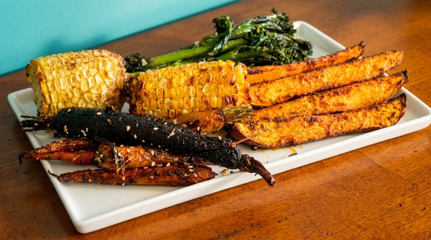 A white rectangular plate filled with grilled corn on the cob, sweet potato wedges, and broccolini.
