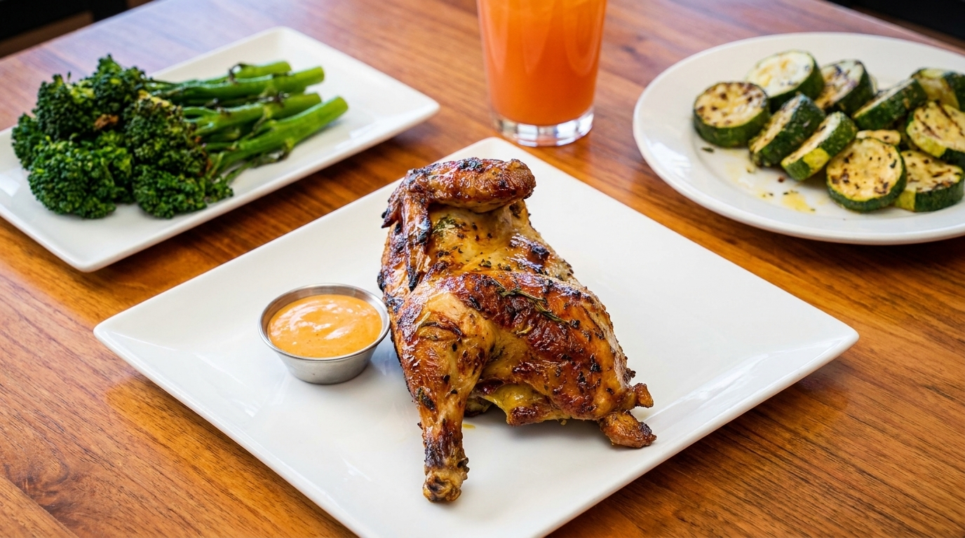 Grilled chicken with a side of sauce, broccoli, and zucchini on a wooden table.