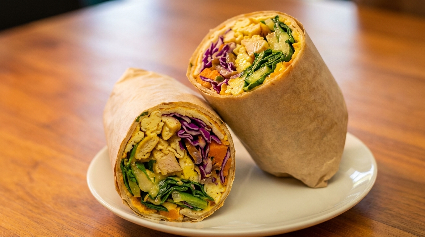 Two colorful wraps filled with eggs, purple cabbage, and greens, on a white plate.