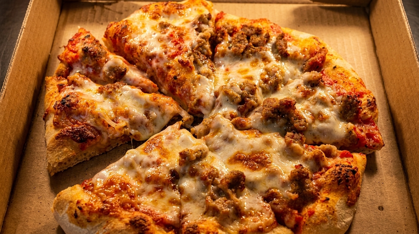 A freshly baked sausage pizza with melted cheese and tomato sauce in a cardboard box.