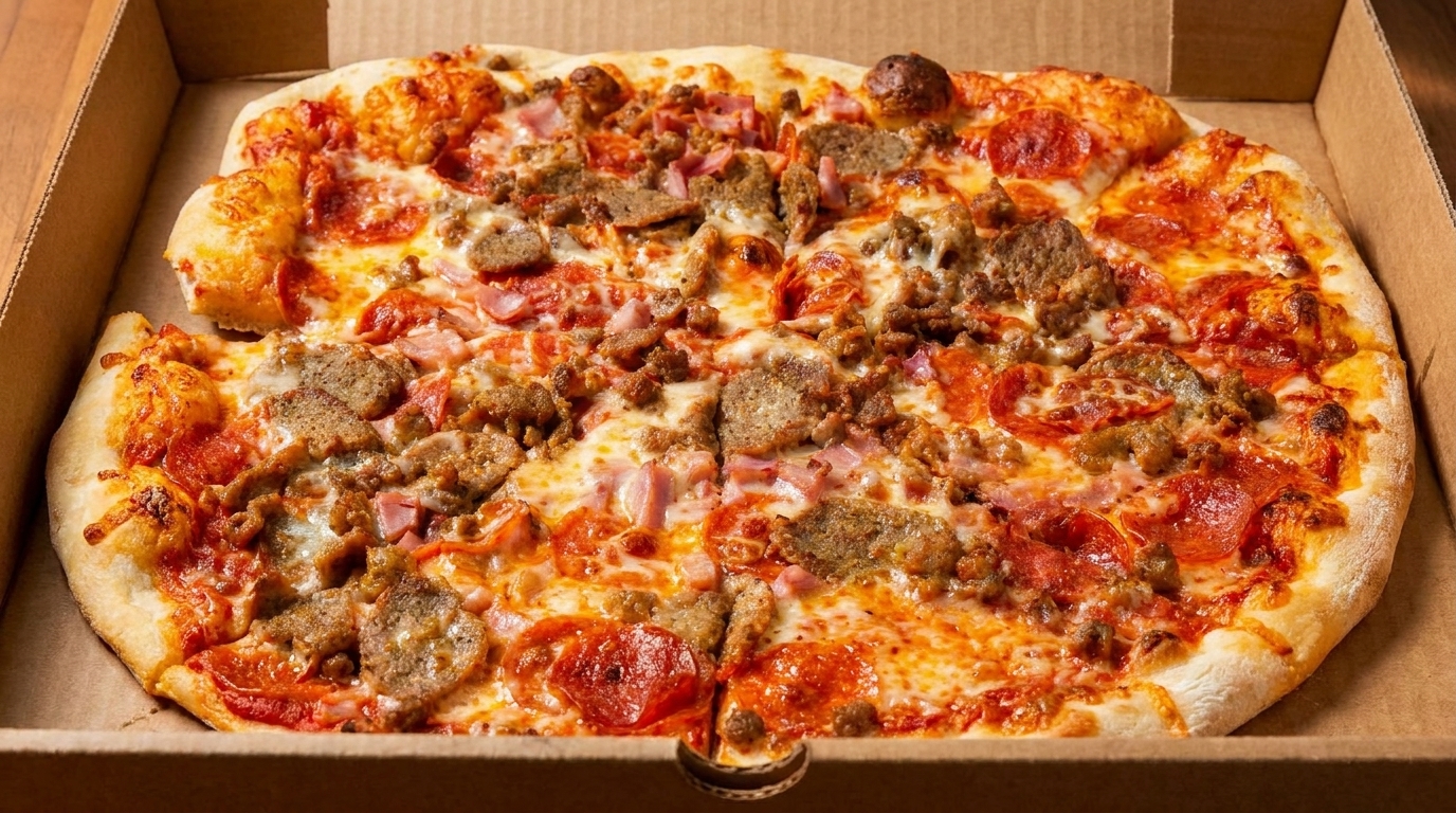 A meat lover's pizza with pepperoni, sausage, and ham in a cardboard delivery box.