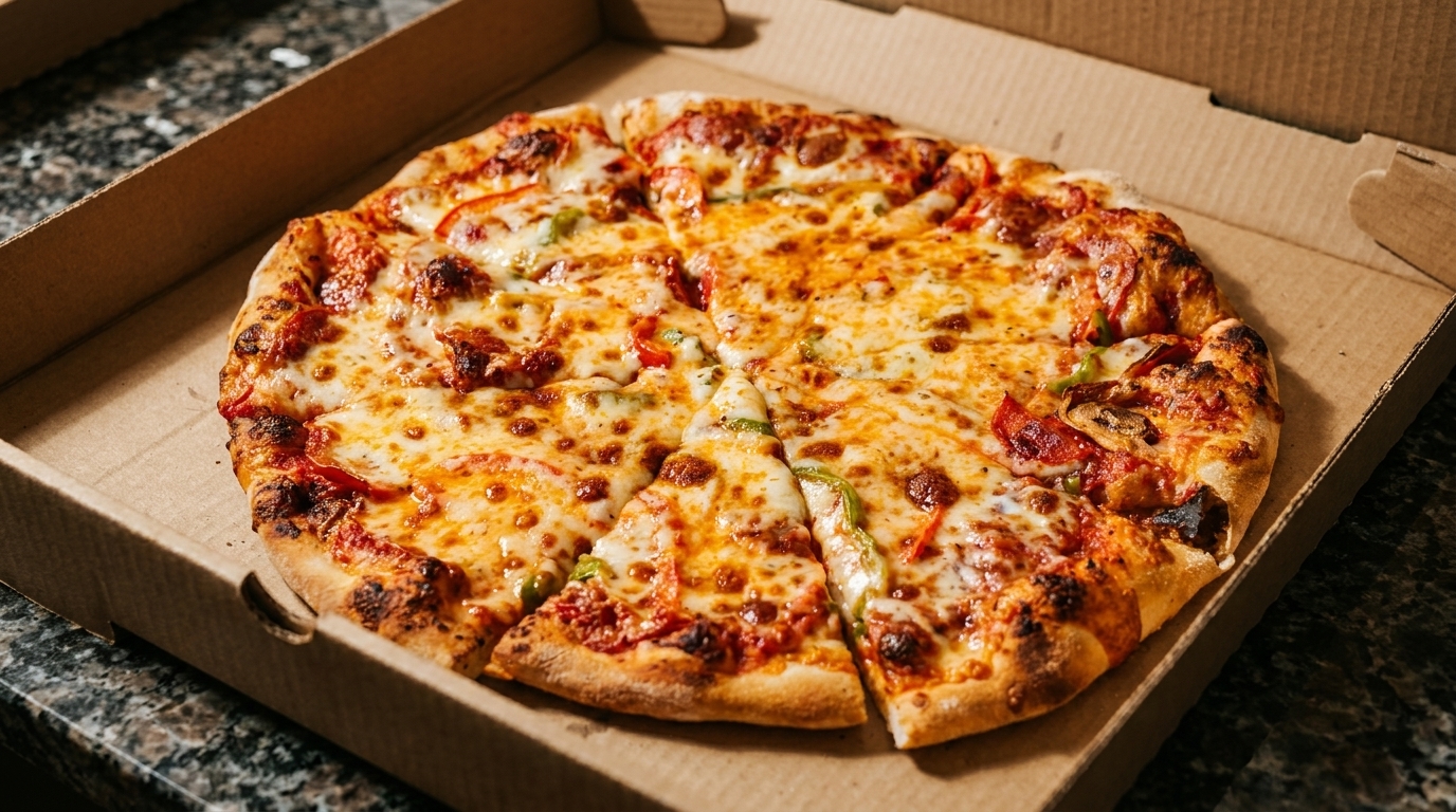 A freshly baked, sliced pizza with melted cheese and various toppings in a cardboard delivery box.