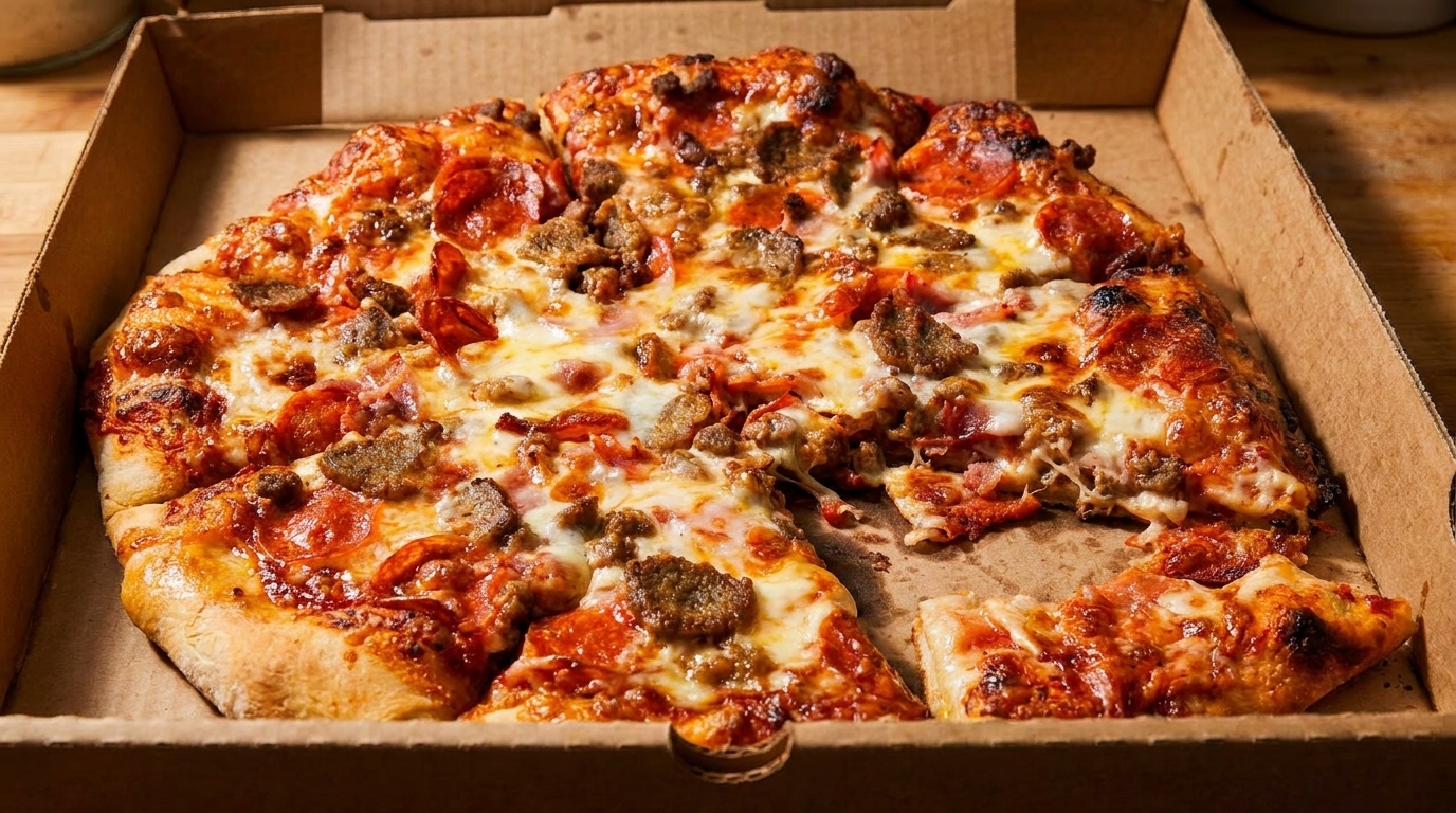 A hot, fresh meat lover's pizza with pepperoni and sausage, with one slice removed from the box.