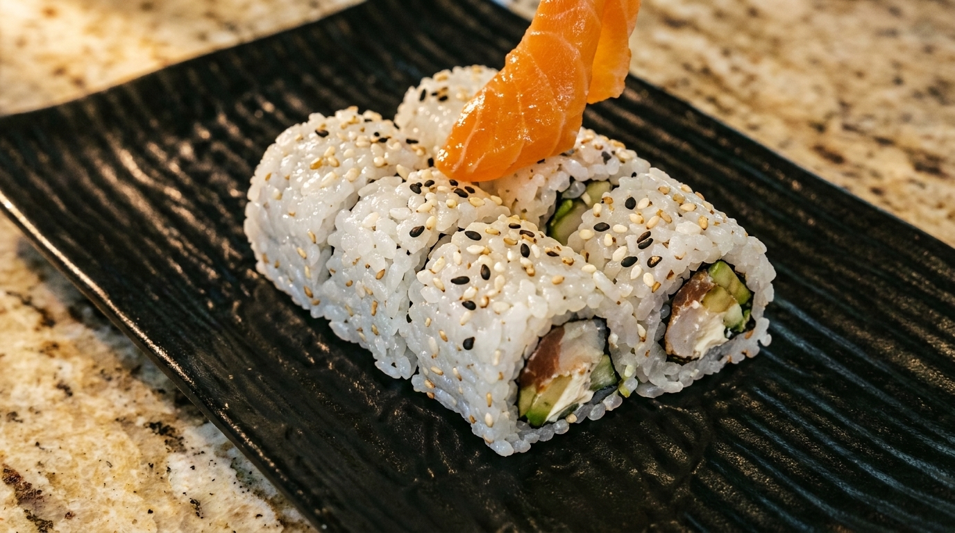 Sushi rolls with white rice, sesame seeds, and salmon on a black textured plate.