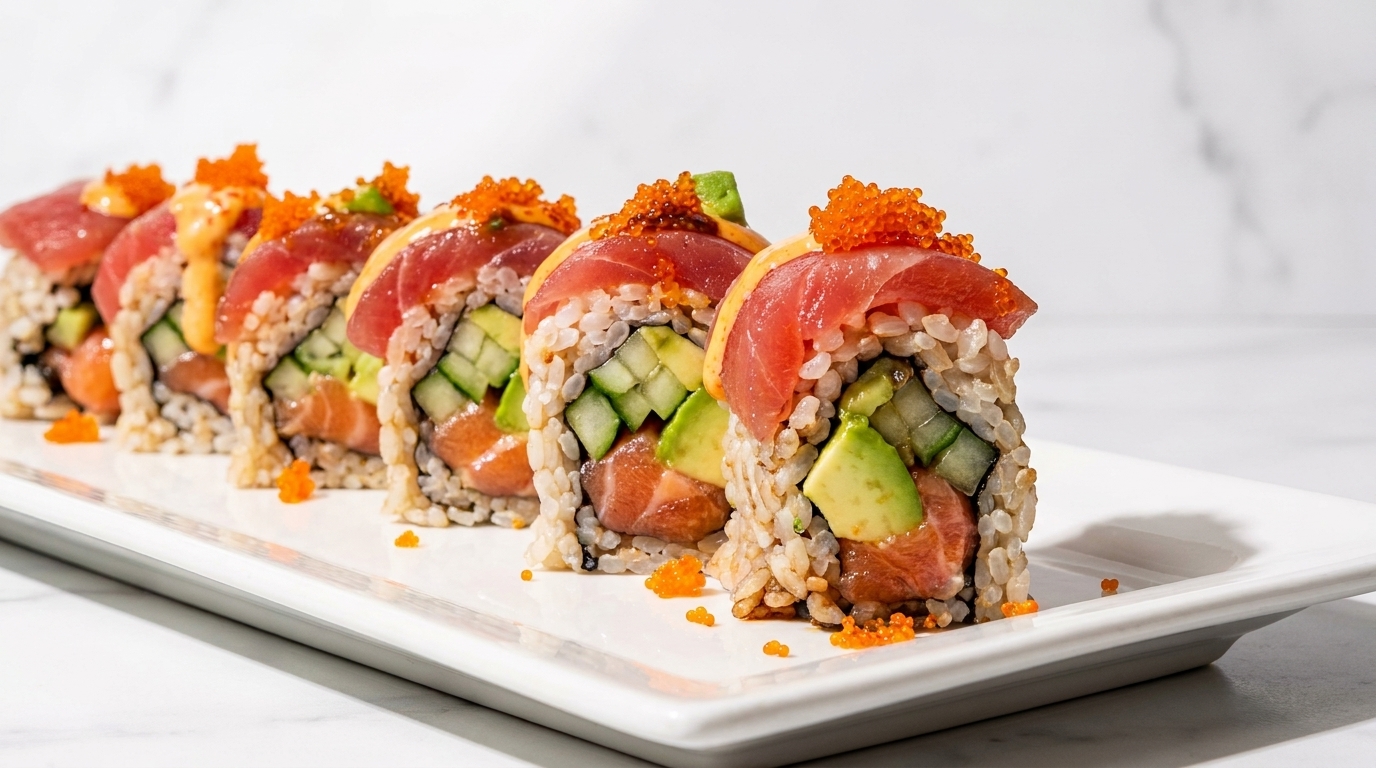 Sushi rolls with tuna, salmon, avocado, cucumber, and roe on a white rectangular plate.