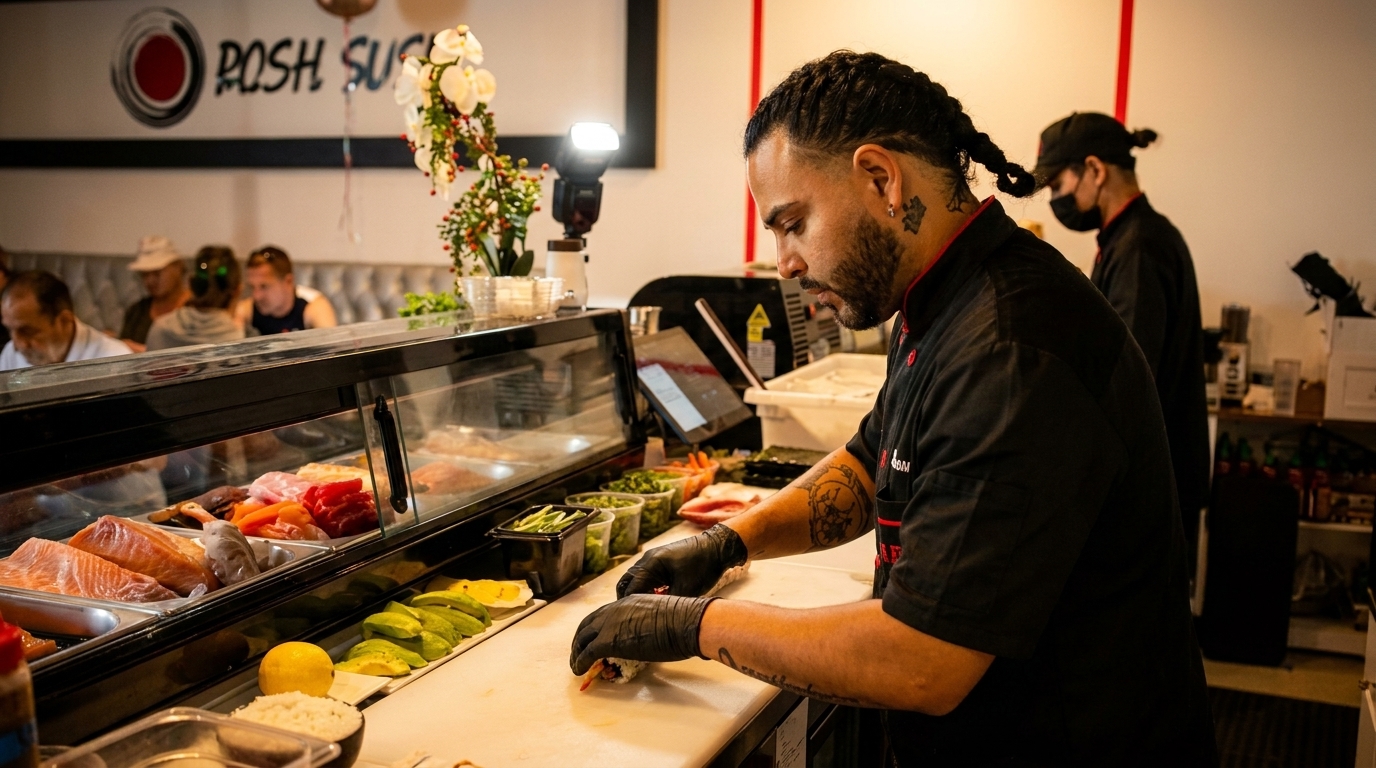 Sushi chef preparing rolls behind a counter with fresh ingredients at Posh Sushi.
