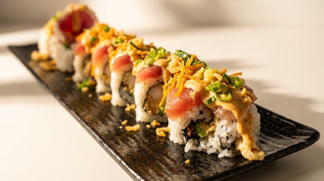 A row of sushi rolls topped with tuna, sauce, crispy onions, and green onions on a black plate.