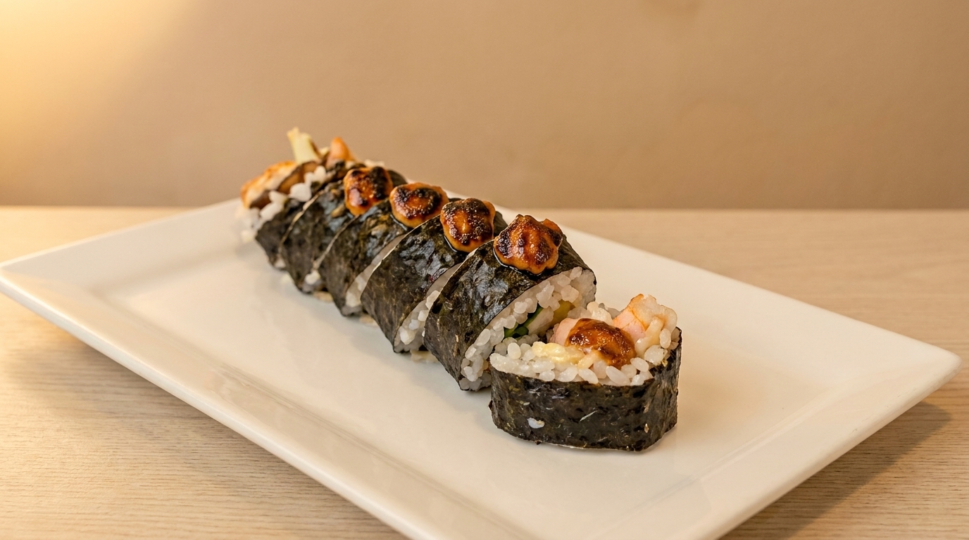 A row of sushi rolls with shrimp and a savory topping on a white rectangular plate.