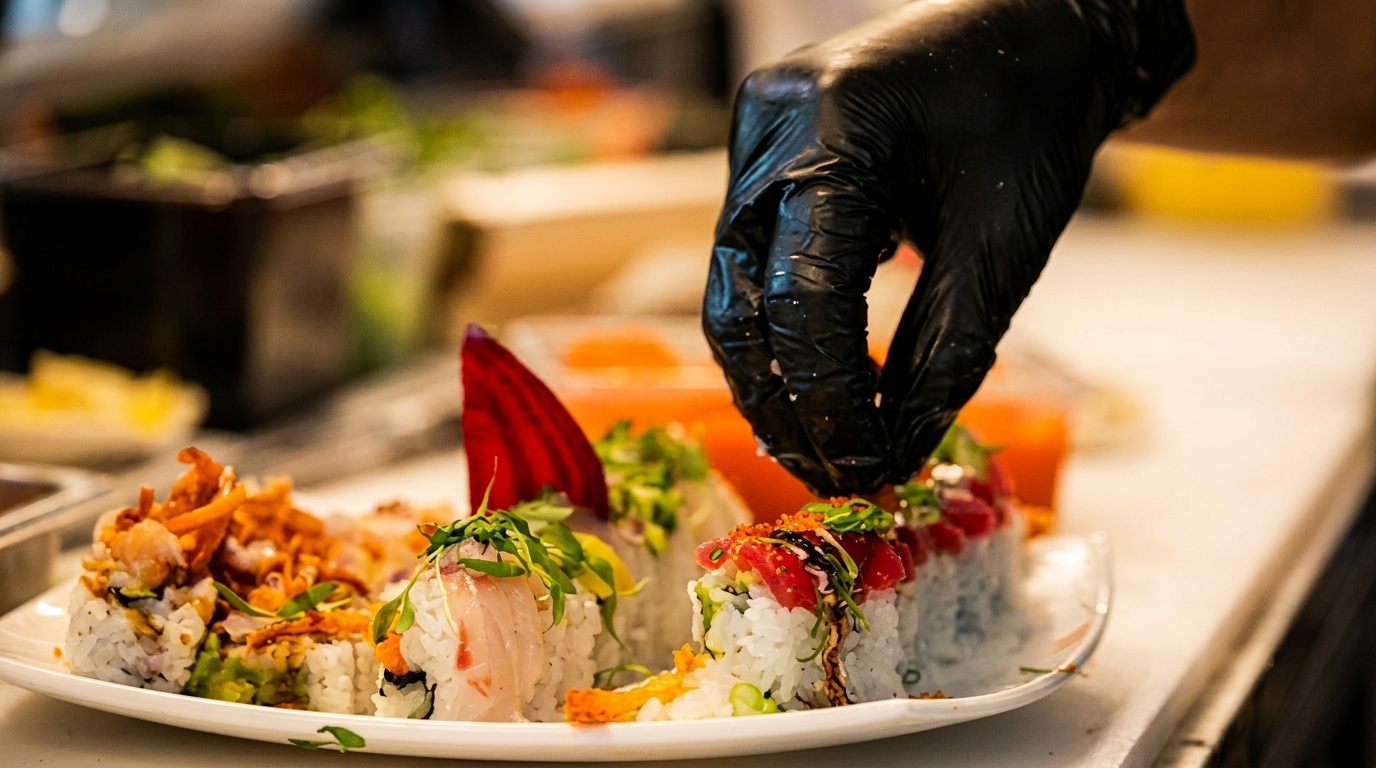 A chef's gloved hand garnishes a plate of colorful sushi rolls with various toppings.