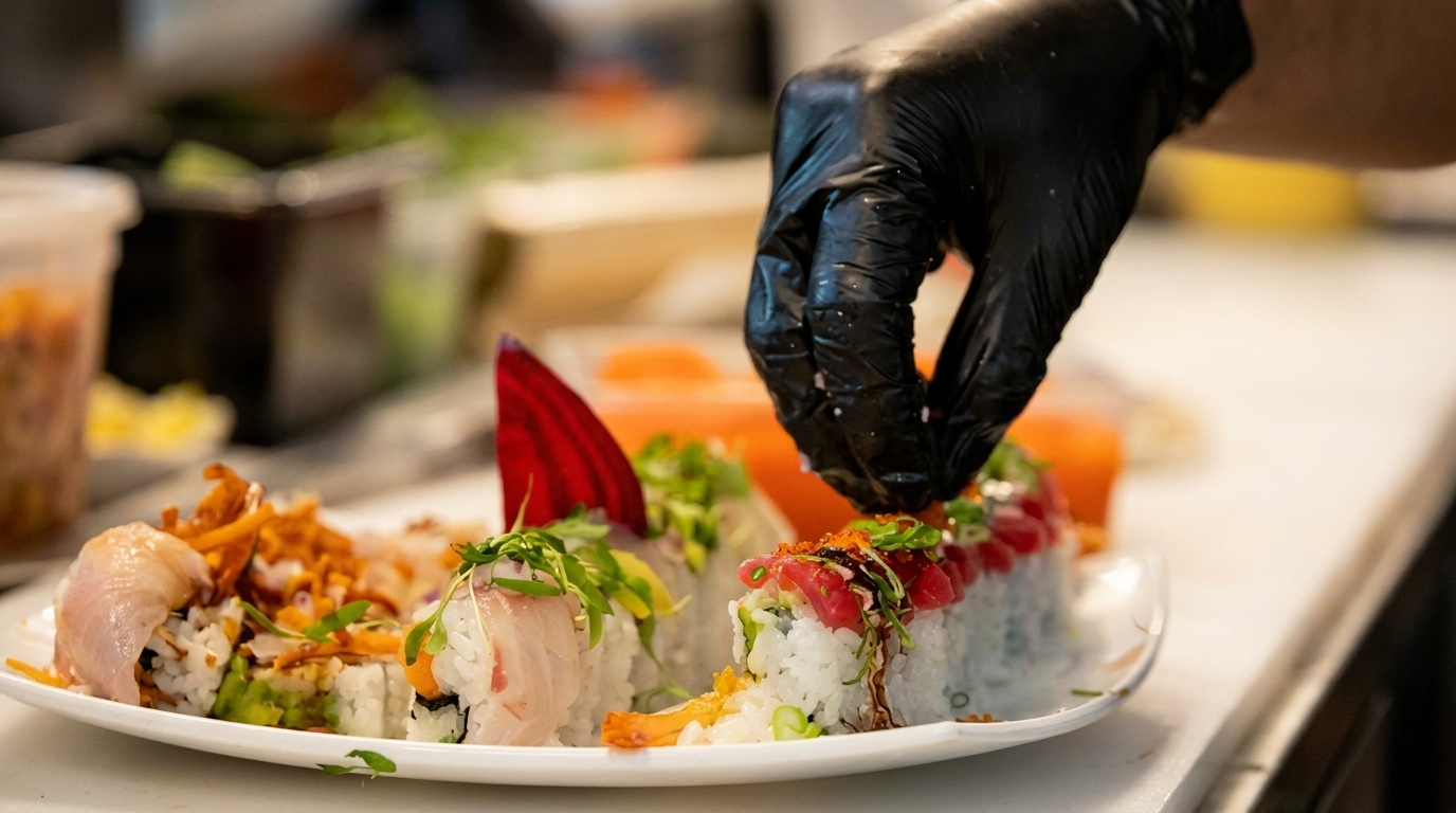 A chef's gloved hand garnishes a plate of sushi rolls with various toppings in a kitchen.