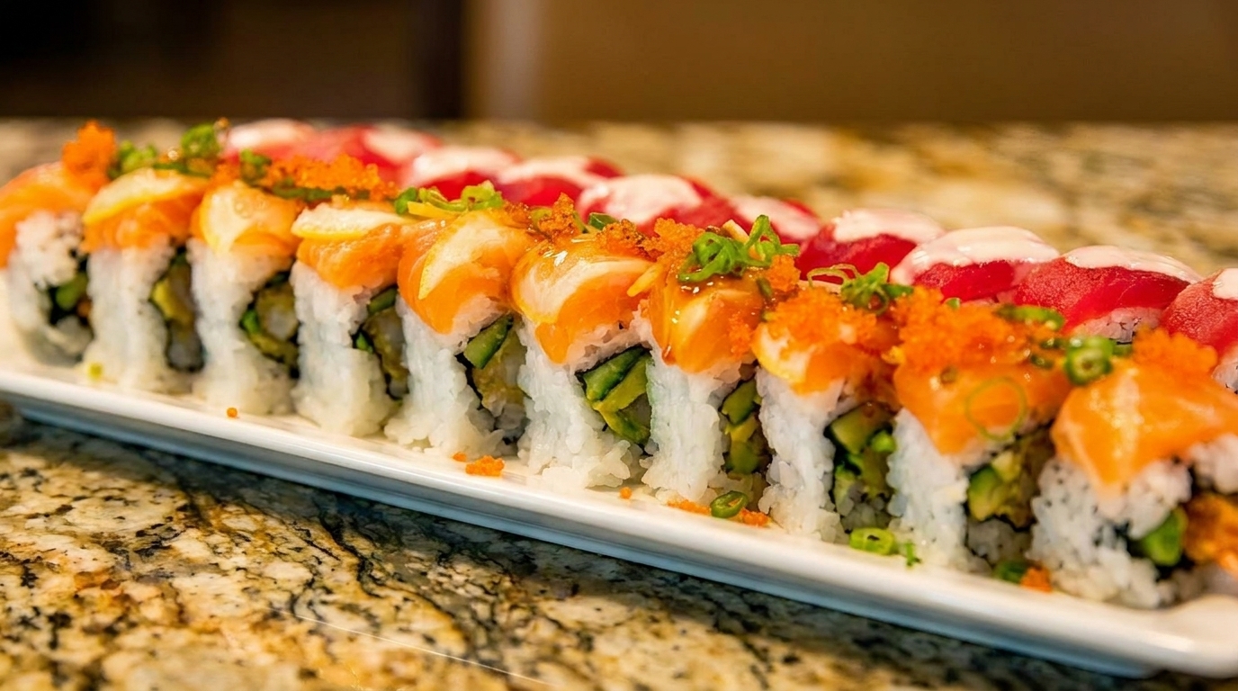 A long white platter filled with two rows of sushi rolls, one with salmon and one with tuna.