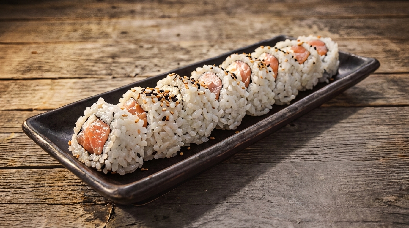 Salmon sushi rolls with sesame seeds on a dark rectangular plate, on a rustic wooden table.