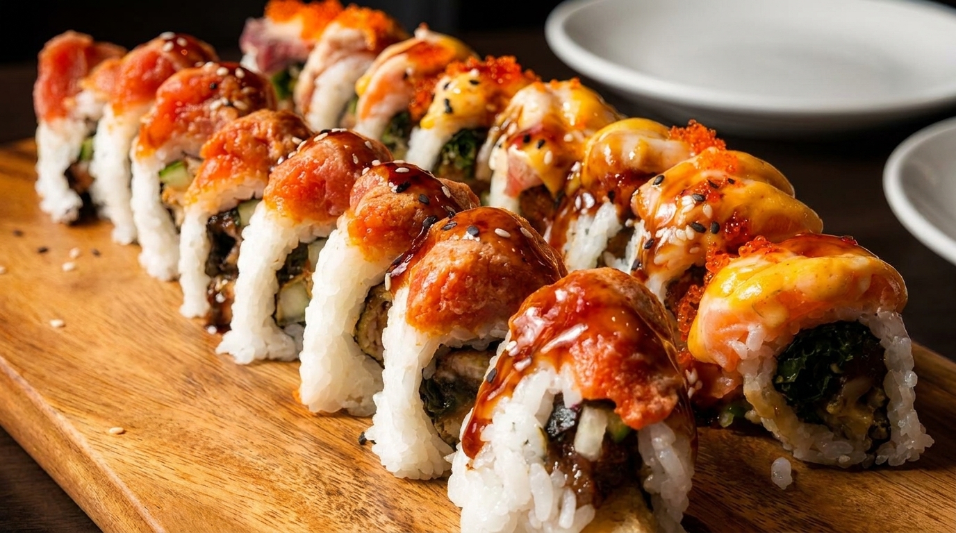 A row of sushi rolls with various toppings and sauces on a wooden board.