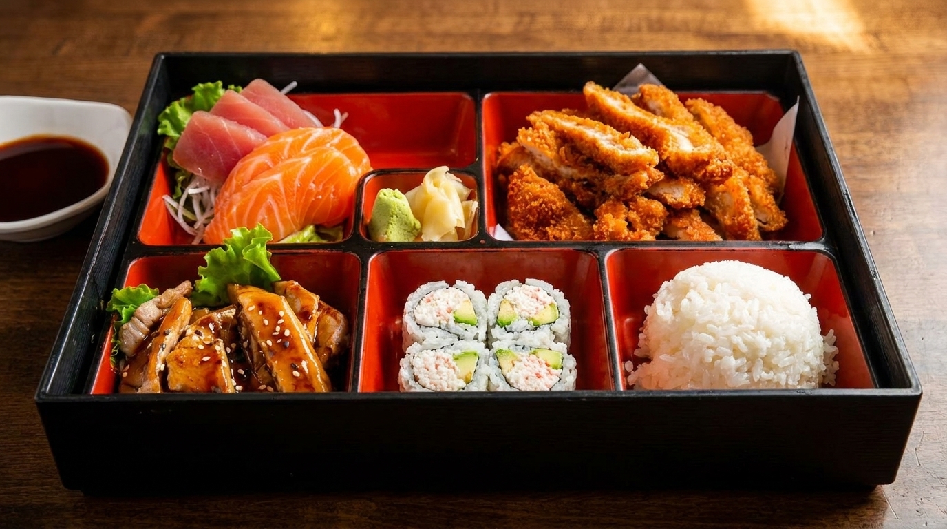 A bento box filled with sashimi, fried chicken, teriyaki, California rolls, and white rice.