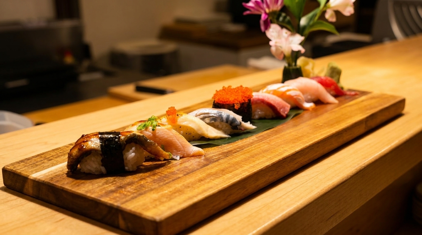 Assorted nigiri sushi, including eel, salmon, and tuna, on a wooden board with flowers.