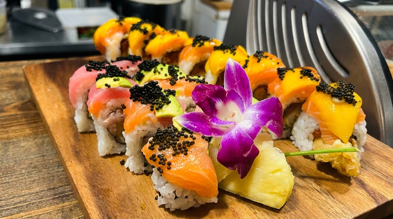 Colorful sushi rolls with fish, avocado, mango, and black caviar, garnished with an orchid and pineapple.