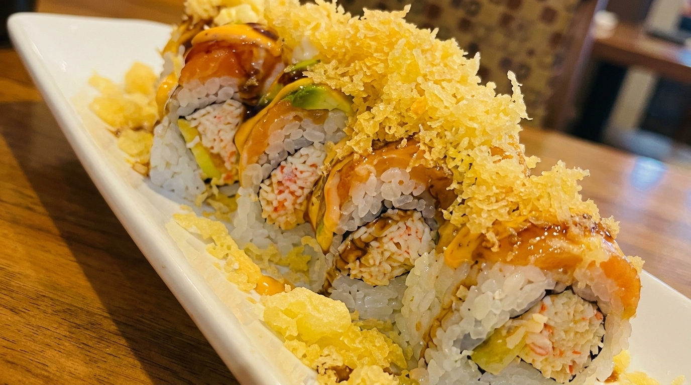 Sushi roll with crab, avocado, salmon, sauce, and tempura flakes on a white plate.