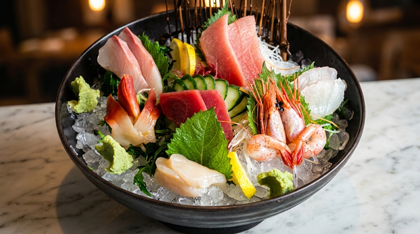 A black bowl filled with ice, sashimi, shrimp, scallops, and wasabi on a marble counter.