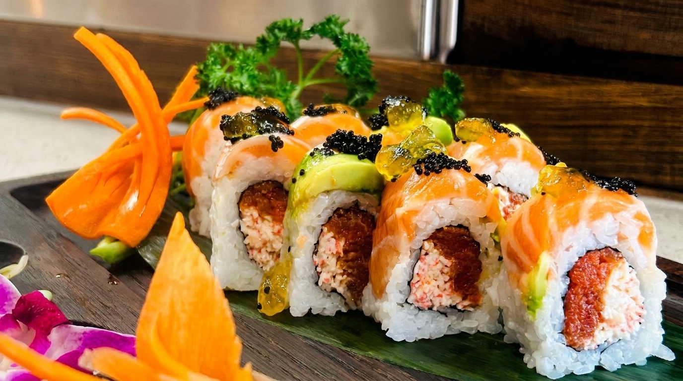 Sushi rolls with salmon, avocado, black caviar, and yellow jelly, garnished with carved carrots and an orchid.