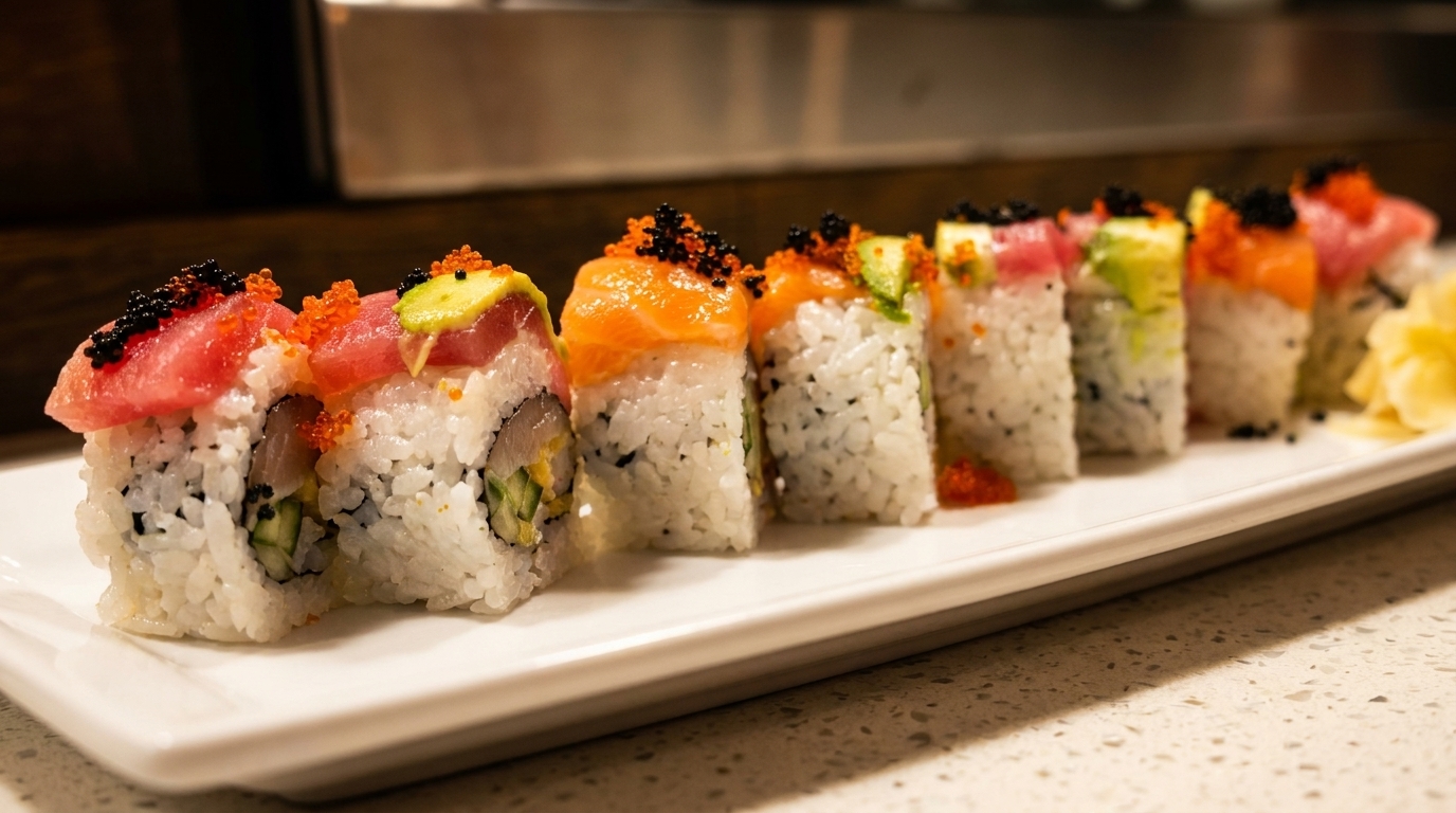 A long white plate holds a row of colorful sushi rolls topped with fish, avocado, and roe.