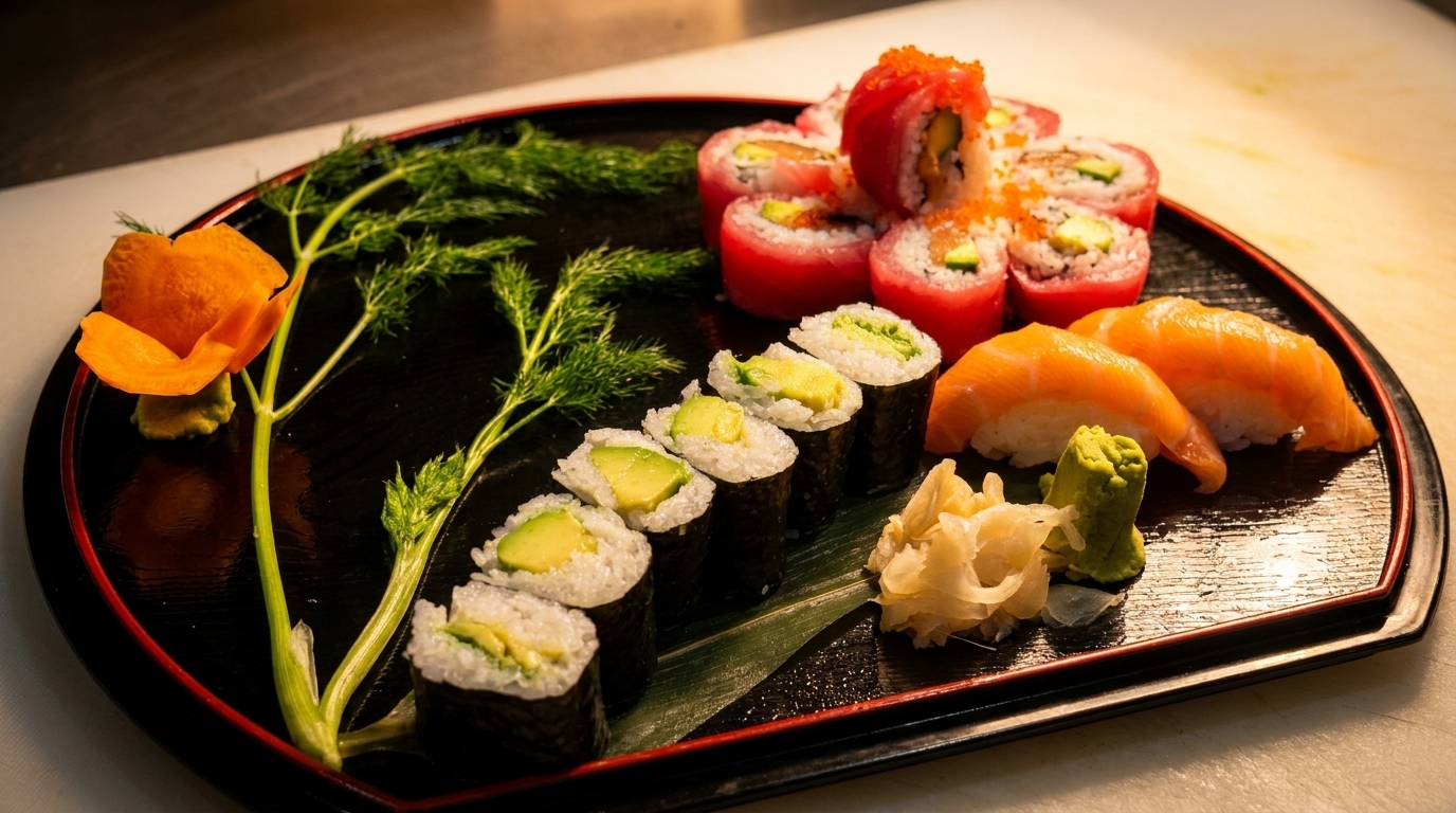A black platter with various sushi rolls, nigiri, ginger, wasabi, and dill garnish.
