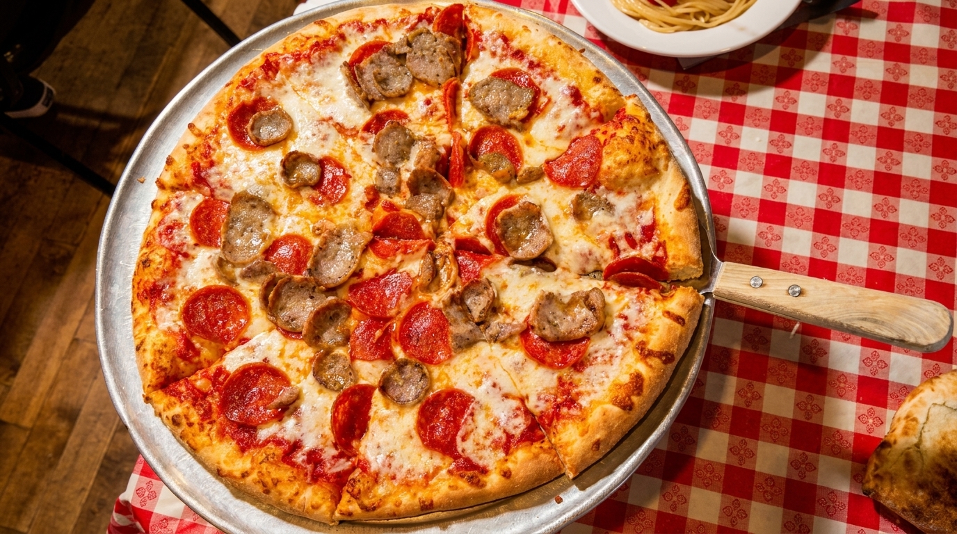 A large, hot pepperoni and sausage pizza on a metal tray with a slice being served.