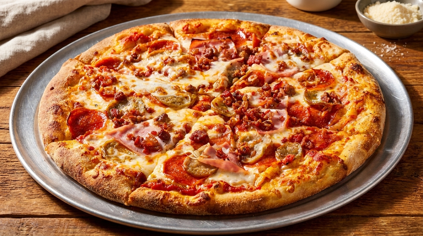 A large, sliced meat lover's pizza with pepperoni, ham, sausage, and bacon on a metal pan.