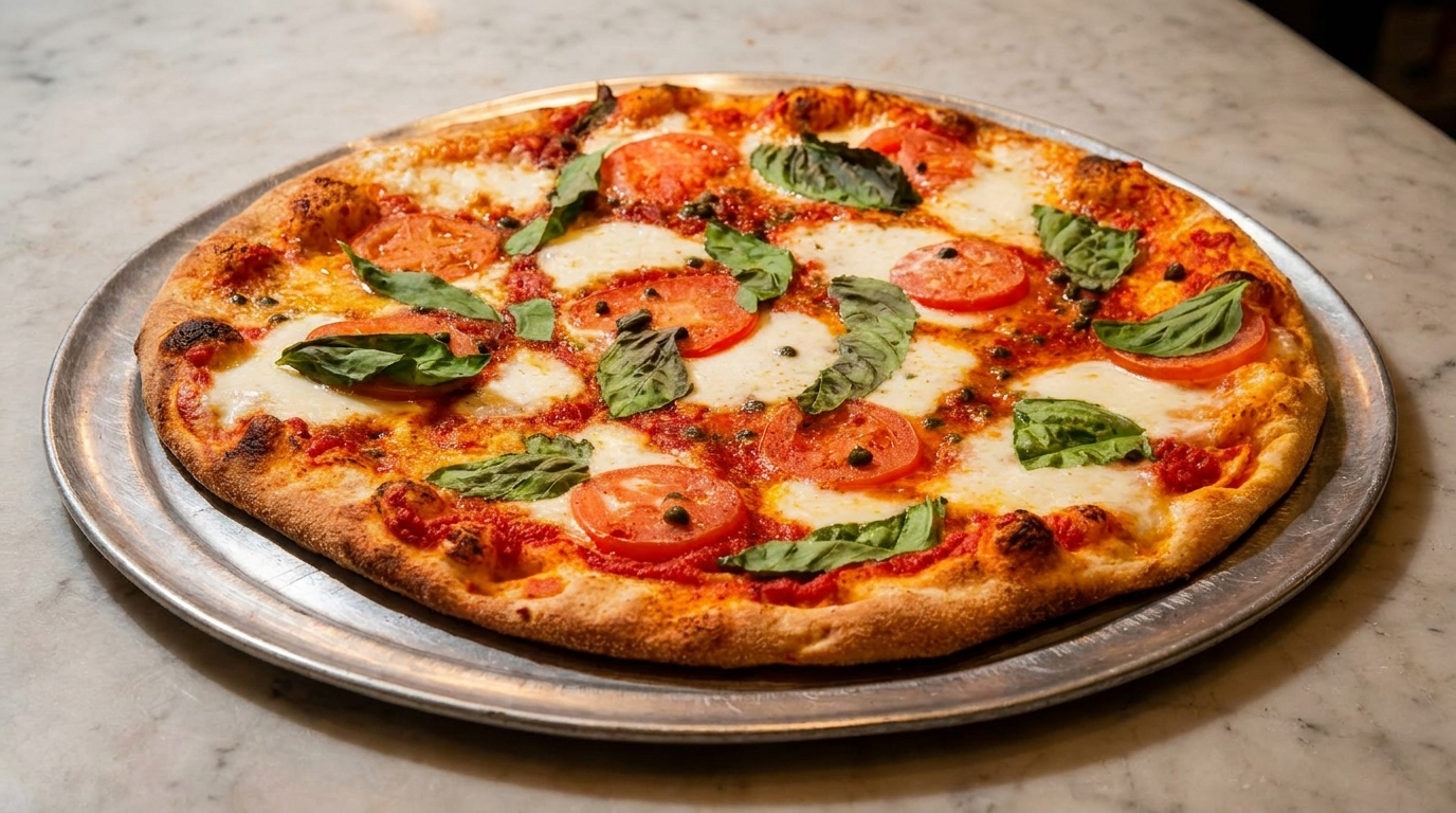 A freshly baked Margherita pizza with melted mozzarella, sliced tomatoes, and basil on a metal pan.
