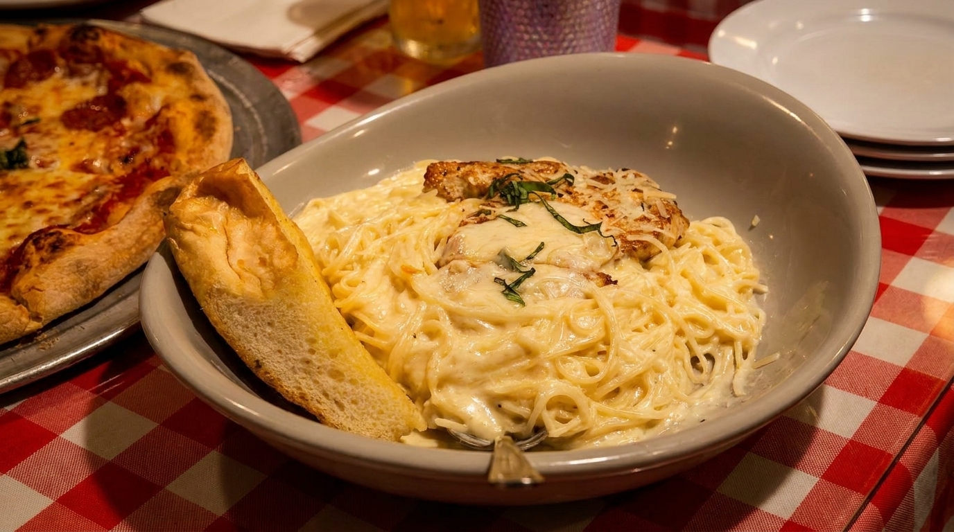 Creamy pasta with chicken and garlic bread, with a pepperoni pizza in the background on a red checkered tablecloth.