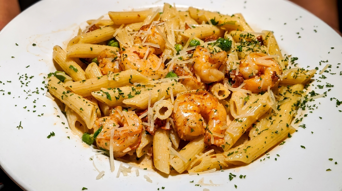 Penne pasta with shrimp, peas, bacon, and parmesan cheese, garnished with parsley on a white plate.